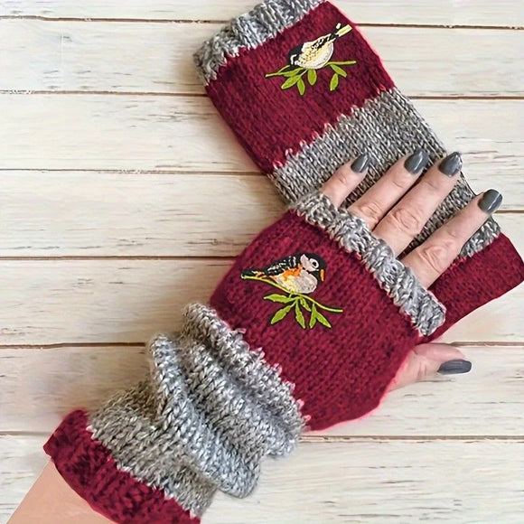 Color - Block Bird Embroidered Fingerless Knit Gloves – Warm, Flexible, Perfect for Daily Autumn/Winter Use, 8.5×22cm Stylish Practical Commute Hand - Warming Essential(black) - RnR Galore
