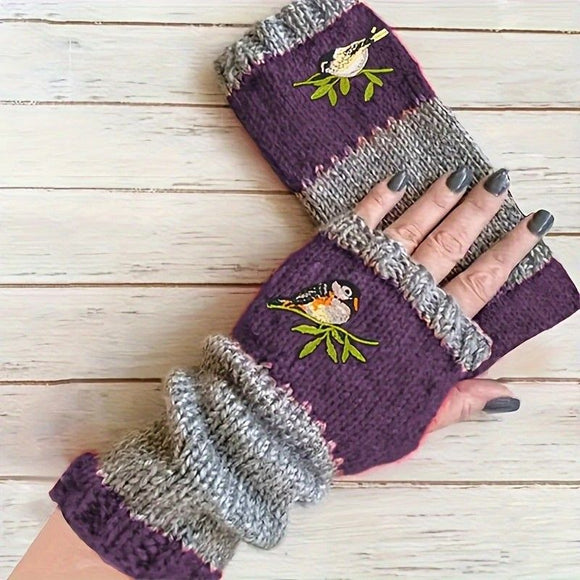Color - Block Bird Embroidered Fingerless Knit Gloves – Warm, Flexible, Perfect for Daily Autumn/Winter Use, 8.5×22cm Stylish Practical Commute Hand - Warming Essential(dark red) - RnR Galore