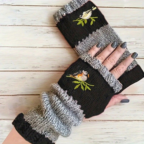 Color - Block Bird Embroidered Fingerless Knit Gloves – Warm, Flexible, Perfect for Daily Autumn/Winter Use, 8.5×22cm Stylish Practical Commute Hand - Warming Essential(dark red) - RnR Galore