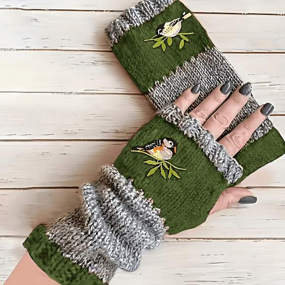 Color - Block Bird Embroidered Fingerless Knit Gloves – Warm, Flexible, Perfect for Daily Autumn/Winter Use, 8.5×22cm Stylish Practical Commute Hand - Warming Essential(GREEN) - RnR Galore