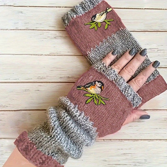 Color - Block Bird Embroidered Fingerless Knit Gloves – Warm, Flexible, Perfect for Daily Autumn/Winter Use, 8.5×22cm Stylish Practical Commute Hand - Warming Essential(purple) - RnR Galore