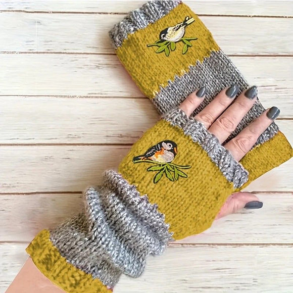 Color - Block Bird Embroidered Fingerless Knit Gloves – Warm, Flexible, Perfect for Daily Autumn/Winter Use, 8.5×22cm Stylish Practical Commute Hand - Warming Essential(red) - RnR Galore