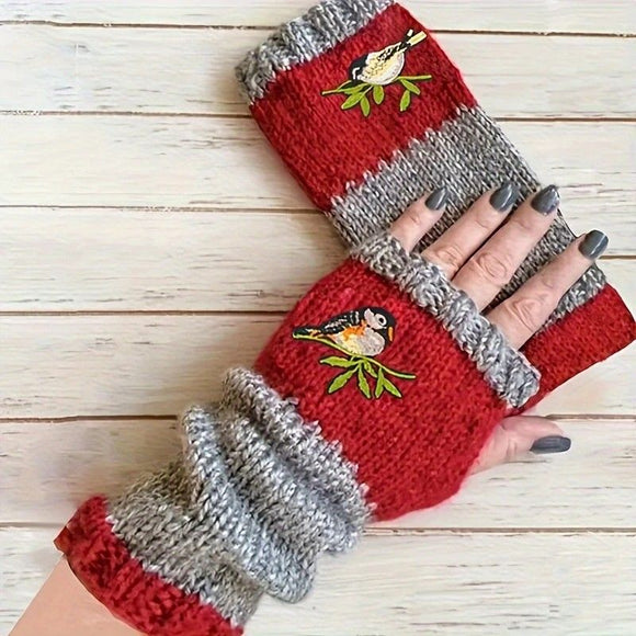 Color - Block Bird Embroidered Fingerless Knit Gloves – Warm, Flexible, Perfect for Daily Autumn/Winter Use, 8.5×22cm Stylish Practical Commute Hand - Warming Essential(red) - RnR Galore