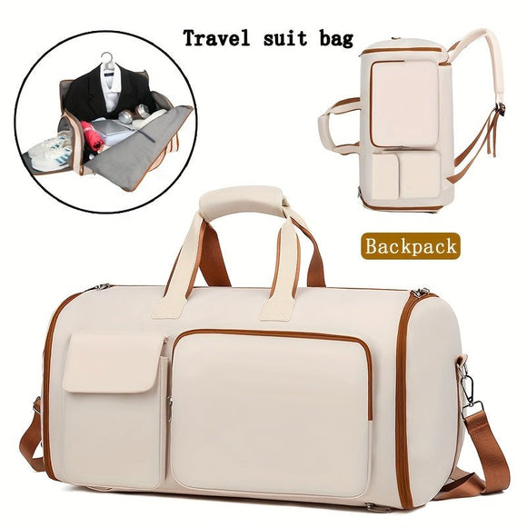 Convertible Travel Garment Bag Large Duffel Suit Carrier with Shoe Compartment & Hidden Backpack Straps Waterproof Beige White - RnR Galore