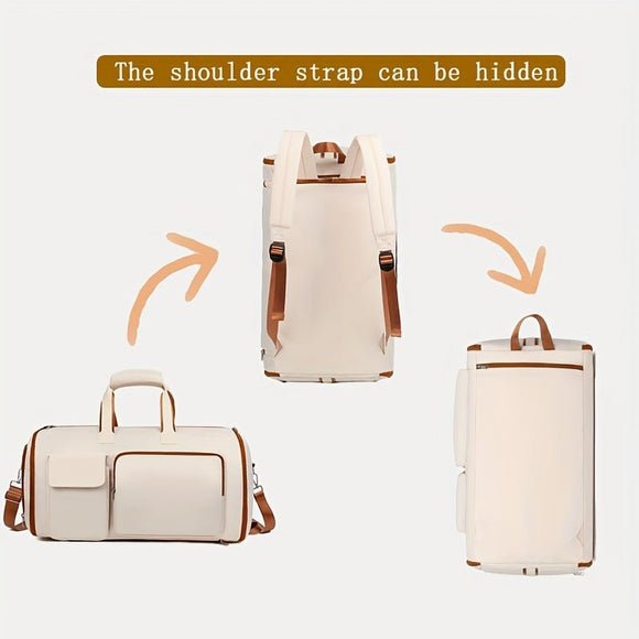 Convertible Travel Garment Bag Large Duffel Suit Carrier with Shoe Compartment & Hidden Backpack Straps Waterproof Beige White - RnR Galore