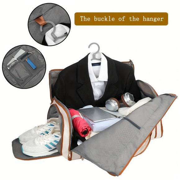 Convertible Travel Garment Bag Large Duffel Suit Carrier with Shoe Compartment & Hidden Backpack Straps Waterproof Beige White - RnR Galore
