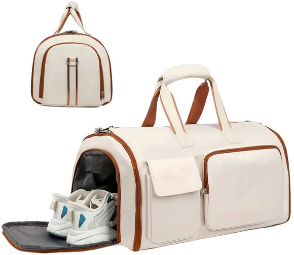 Convertible Travel Garment Bag Large Duffel Suit Carrier with Shoe Compartment & Hidden Backpack Straps Waterproof Beige White - RnR Galore