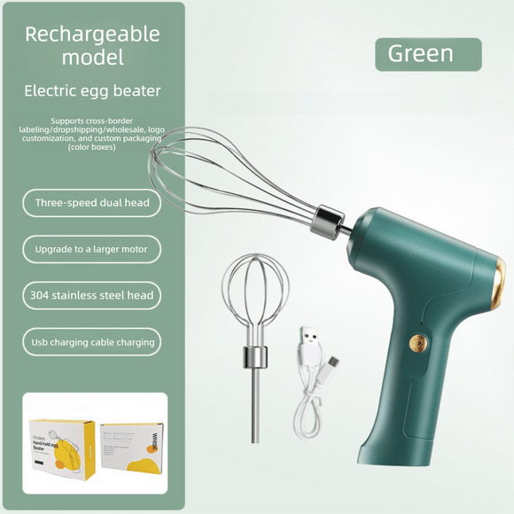 Cordless Electric Hand Mixer - Rechargeable 3 - Speed Egg Beater & Cream Whisk - Lightweight Self - Standing Design for Baking, Cake & Batter (Emerald Green) - RnR Galore