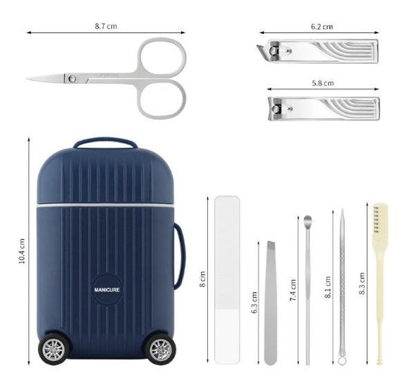 Dark Blue Mini Suitcase Manicure Set - 8 - Piece Portable Grooming & Nail Care Travel Kit - RnR Galore