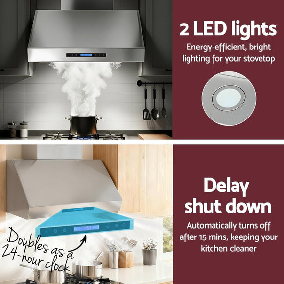 Devanti 900mm Range Hood 3 - Speed Fan LED Display Remote Control - RnR Galore