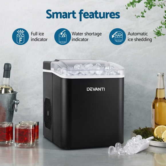Devanti Ice Maker Machine Portable 12kg Countertop w/Self Cleaning 1.2L Black - RnR Galore