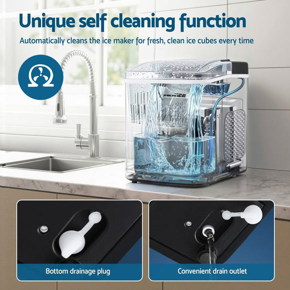 Devanti Ice Maker Machine Portable 12kg Countertop w/Self Cleaning 1.2L Black - RnR Galore