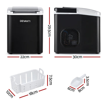 Devanti Ice Maker Machine Portable 12kg Countertop w/Self Cleaning 1.2L Black - RnR Galore