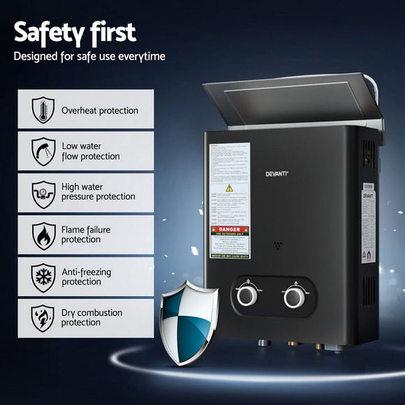 Devanti Portable Gas Water Heater LPG - powered System Black - RnR Galore
