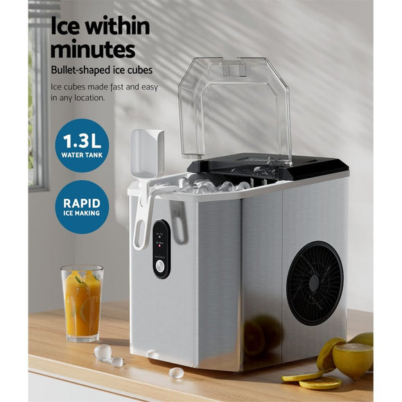 Devanti Portable Ice Maker Machine Ice Cube 12kg Bar Countertop Stainless Steel - RnR Galore