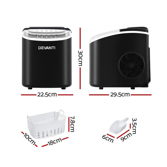 Devanti Portable Ice Maker Machine Ice Cube Tray 12kg Bar Countertop Black - RnR Galore