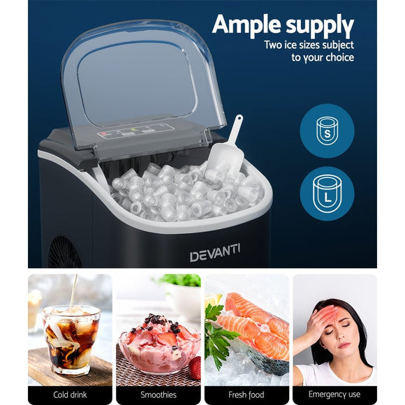 Devanti Portable Ice Maker Machine Ice Cube Tray 12kg Bar Countertop Black - RnR Galore