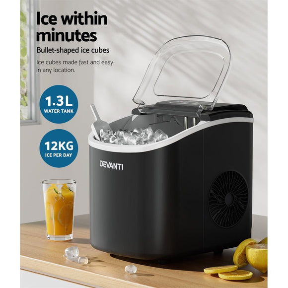 Devanti Portable Ice Maker Machine Ice Cube Tray 12kg Bar Countertop Black - RnR Galore