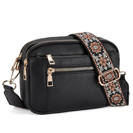Double Zipper Black Chic Quilted Crossbody Bag - Vintage PU Leather Shoulder Purse with Adjustable Strap - RnR Galore