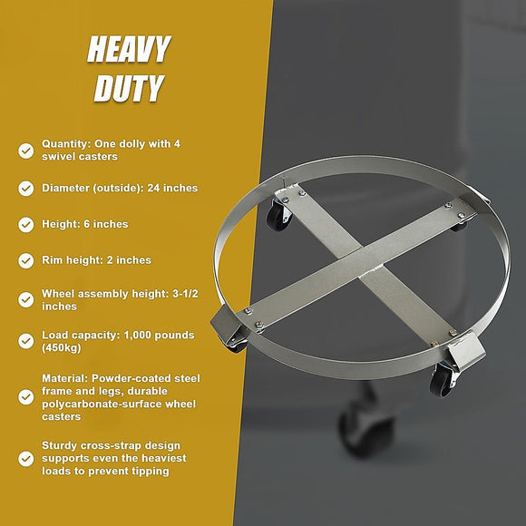 Drum Dolly 450kg 55 Gallon w Swivel Casters Heavy Duty Steel Frame Non Tipping - RnR Galore