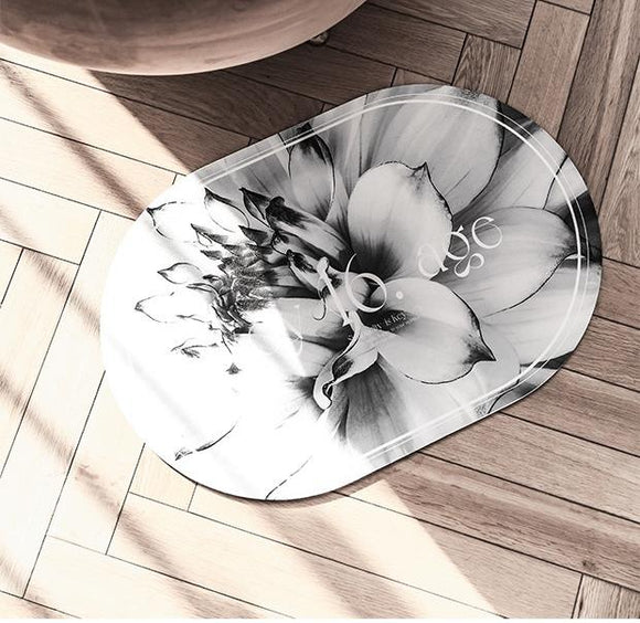Elegant Floral Print Absorbent Floor Mat - Quick Dry, Non - Slip, Easy Clean Bathroom & Entryway Rug(Black and White) - RnR Galore