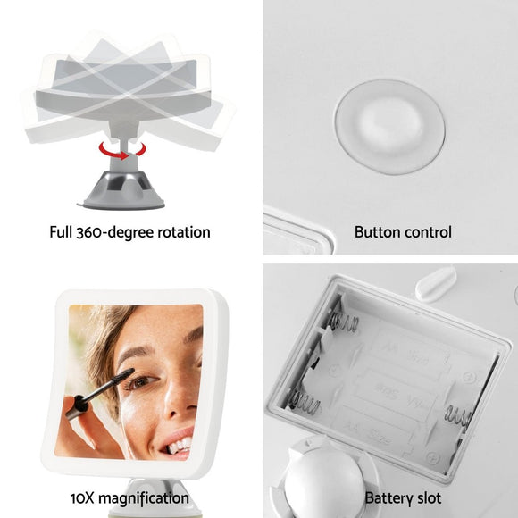 Embellir Makeup Mirror 10X Magnification LED Light Adjustable Rotation Cordless Suction Cup - RnR Galore