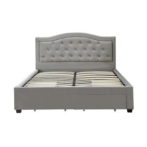 Emily Bed Frame Queen Size Velvet Fabric Grey Four MDF Drawers with Wheels - RnR Galore