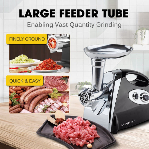 EUROCHEF Electric Meat Grinder, Stainless Steel Mincer Sausage Filler Kibbe Maker, Black - RnR Galore