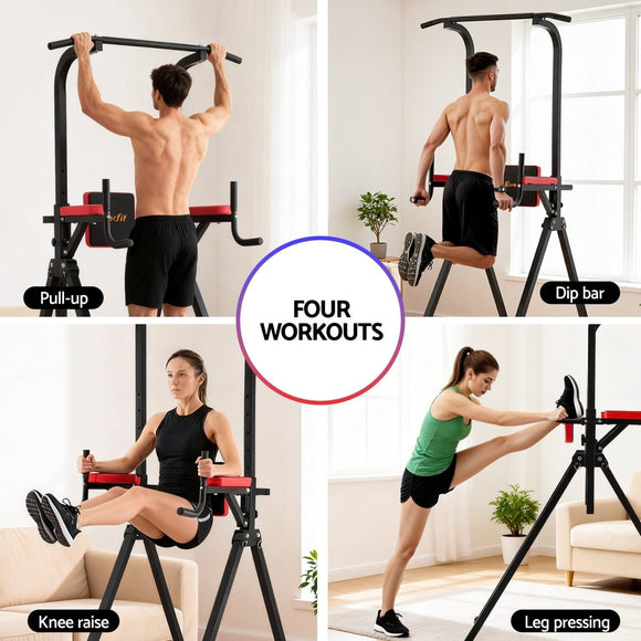 Everfit Chin Up Tower Pull Up Station Adjustable Dip Station Folding Home Gym Black - RnR Galore