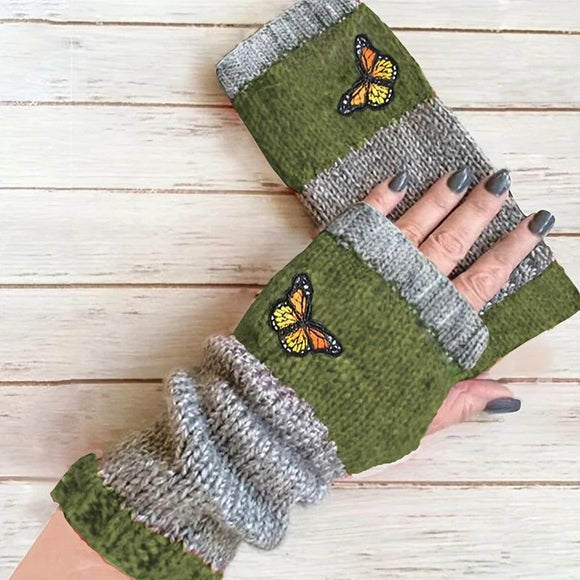 Fashion Color - Block Butterfly Embroidered Knit Gloves, Warm Fit 8.5×22cm, Practical Sweet Stylish Essential for Autumn/Winter Outfits(GREEN) - RnR Galore
