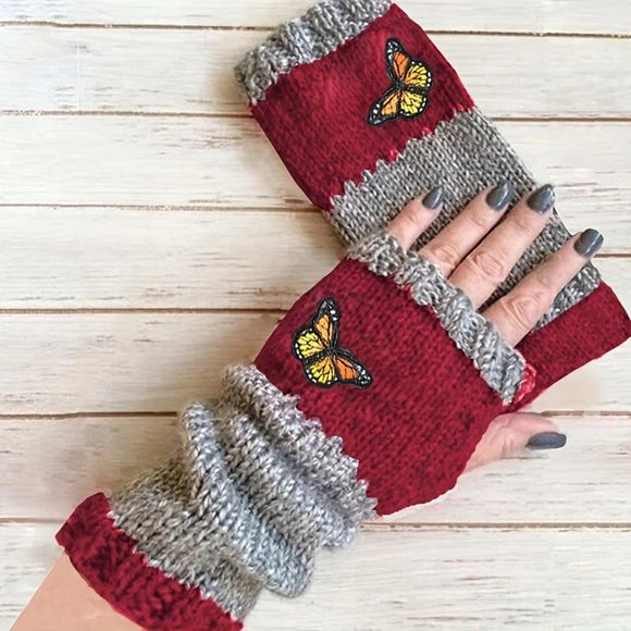 Fashion Color - Block Butterfly Embroidered Knit Gloves, Warm Fit 8.5×22cm, Practical Sweet Stylish Essential for Autumn/Winter Outfits(GREEN) - RnR Galore