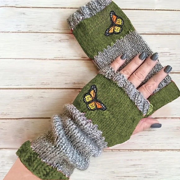 Fashion Color - Block Butterfly Embroidered Knit Gloves, Warm Fit 8.5×22cm, Practical Sweet Stylish Essential for Autumn/Winter Outfits(GREEN) - RnR Galore