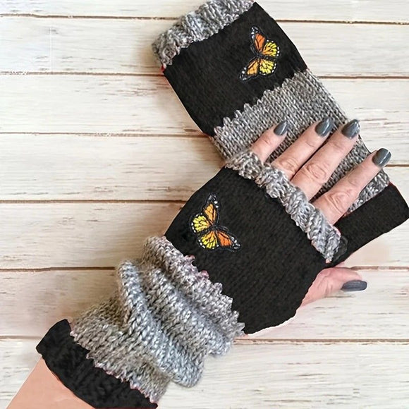 Fashion Color - Block Butterfly Embroidered Knit Gloves, Warm Fit 8.5×22cm, Practical Sweet Stylish Essential for Autumn/Winter Outfits(RED) - RnR Galore