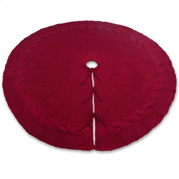 Festive Knit Christmas Tree Skirt - Acrylic Red Tree Mat with Pom - Poms 122cm - RnR Galore
