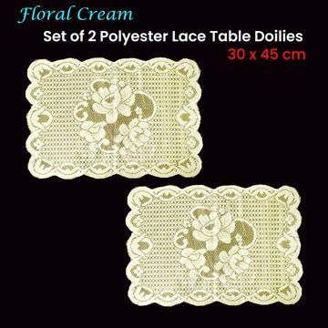 Floral Cream Set of 2 Polyester Lace Table Doilies 30 x 45 cm - RnR Galore