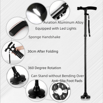 Folding LED Walking Cane with Dual Handle - Adjustable(88 - 98CM), Anti - Slip 4 - Prong Base, and Stand - Up Function for Seniors - RnR Galore