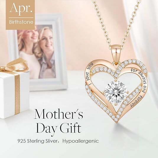 Forever Love Heart Birthstone Necklace: 925 Sterling Silver Jewelry for Mom, Wife, Friend – Ideal for Mother’s Day, Anniversaries & Birthday（white diamond,April） - RnR Galore