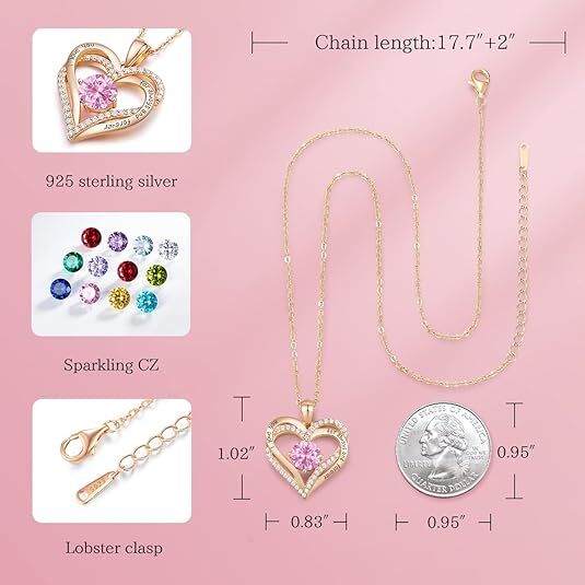 Forever Love Heart Birthstone Necklace: 925 Sterling Silver Personalized Jewelry for Mom, Wife, Friend with 12 Month Stone Options（pink diamond,October） - RnR Galore
