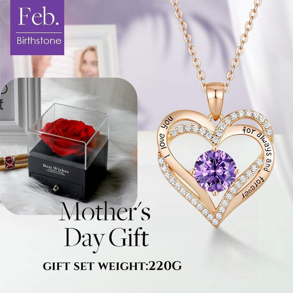 Forever Love Heart Birthstone Necklace: 925 Sterling Silver Personalized Jewelry for Mom, Wife, Friend with 12 Month Stone Options（purple diamond,February） - RnR Galore