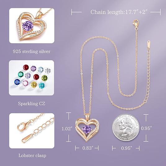 Forever Love Heart Birthstone Necklace: 925 Sterling Silver Personalized Jewelry for Mom, Wife, Friend with 12 Month Stone Options（purple diamond,February） - RnR Galore