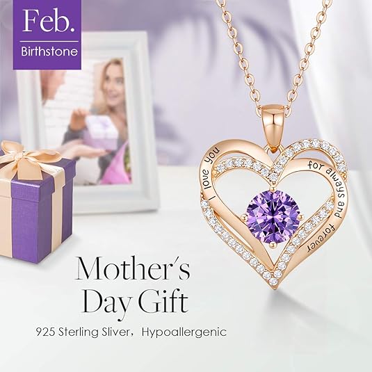 Forever Love Heart Birthstone Necklace: 925 Sterling Silver Personalized Jewelry for Mom, Wife, Friend with 12 Month Stone Options（purple diamond,February） - RnR Galore