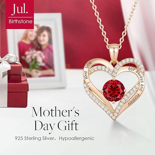 Forever Love Heart Birthstone Necklace: 925 Sterling Silver Personalized Jewelry for Mom, Wife, Friend with 12 Month Stone Options（red diamond,January） - RnR Galore