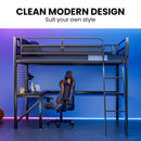 Gaming Loft Bed with Desk, Gridwall, Steel Metal Frame, Space Saving Design, for Single Mattress, Matte Dark Grey - RnR Galore