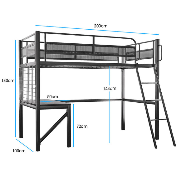 Gaming Loft Bed with Desk, Gridwall, Steel Metal Frame, Space Saving Design, for Single Mattress, Matte Dark Grey - RnR Galore