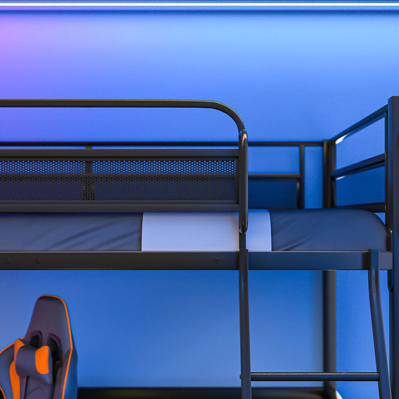 Gaming Loft Bed with Desk, Gridwall, Steel Metal Frame, Space Saving Design, for Single Mattress, Matte Dark Grey - RnR Galore