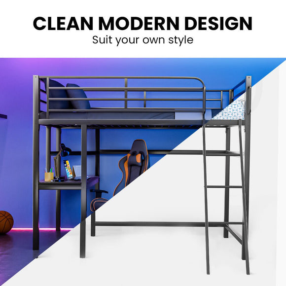Gaming Loft Bed with Desk, Steel Metal Frame, Space Saving Design, for Single Mattress, Matte Dark Grey - RnR Galore