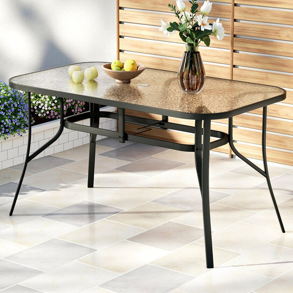 Gardeon 140CM Outdoor Dining Table Steel Frame Tempered Glass Parasol Hole Black - RnR Galore