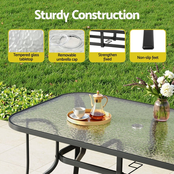 Gardeon 140CM Outdoor Dining Table Steel Frame Tempered Glass Parasol Hole Black - RnR Galore