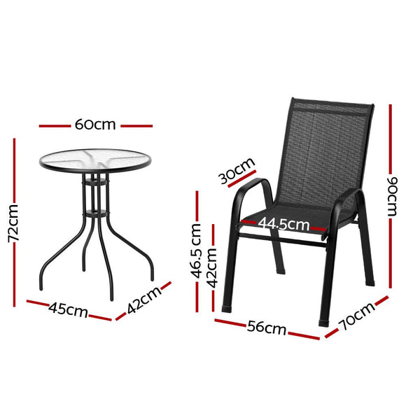 Gardeon 3PC Outdoor Bistro Set Table and Chairs Stackable Patio Furniture Black - RnR Galore