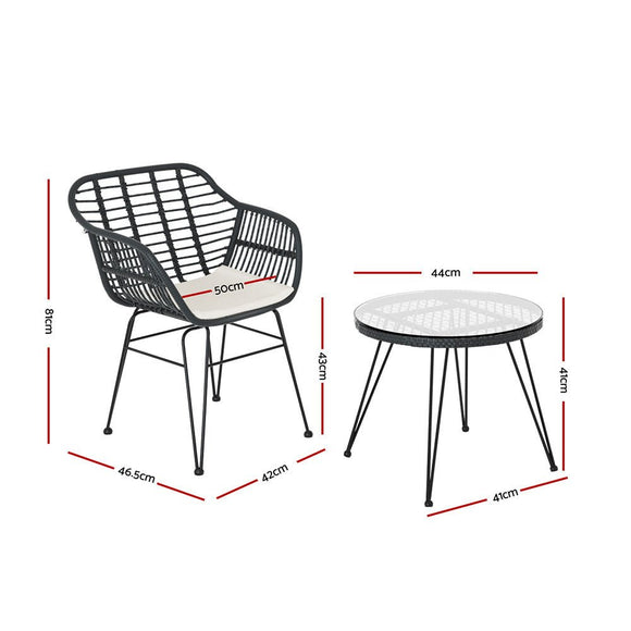 Gardeon 3PC Outdoor Furniture Bistro Set Lounge Setting Table Chairs Cushion Patio Grey - RnR Galore